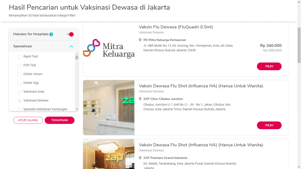 Contoh hasil pencarian Vaksinasi Dewasa di Jakarta via Halodoc